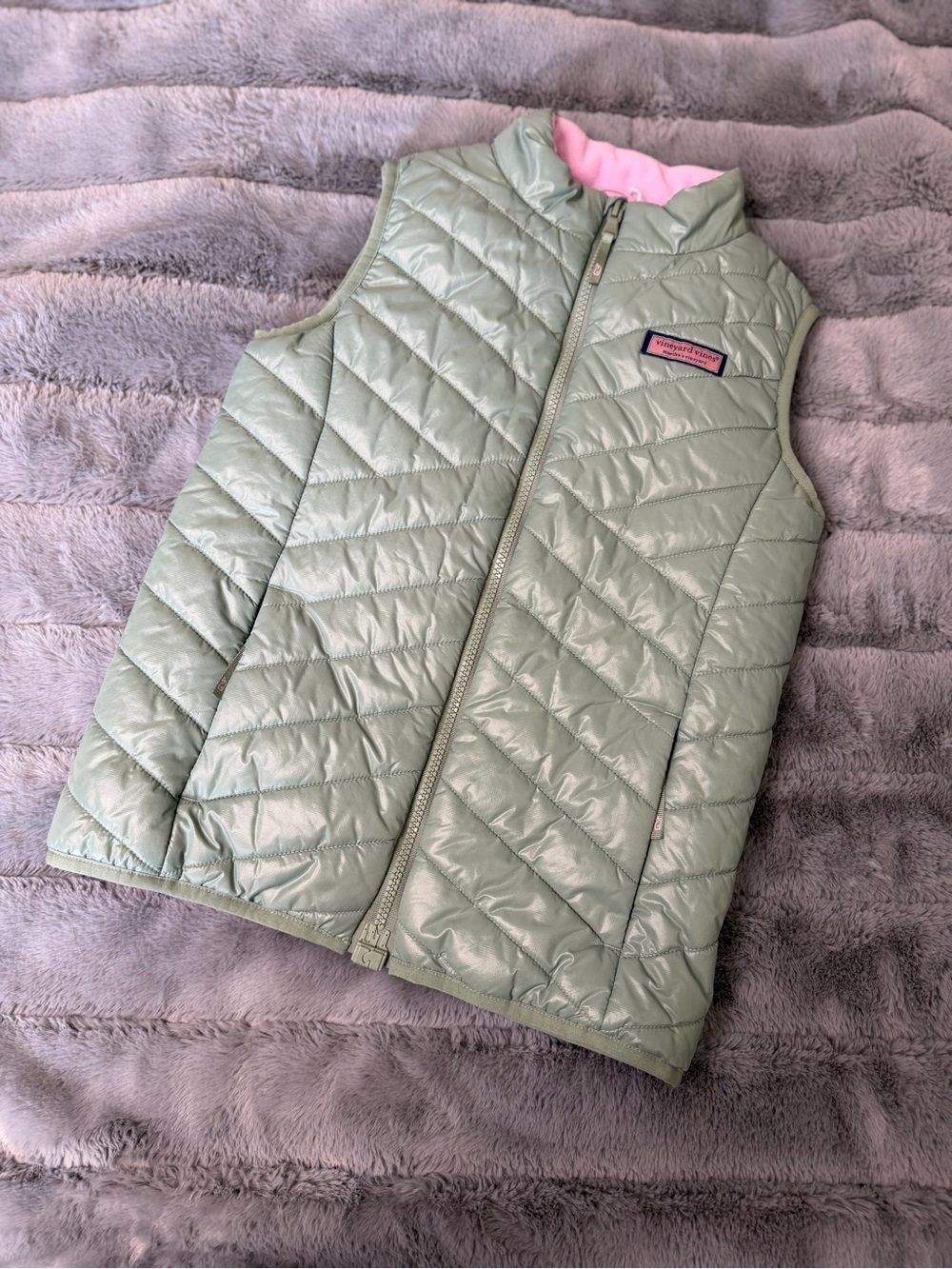 Vineyard Vines Sage Green Quilted Kids Vest with Pink Lining